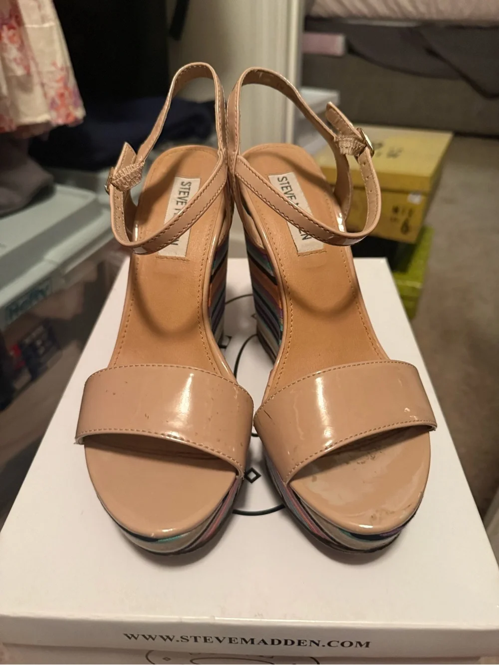 Steve Madden Nude Patent Strappy Wedges with Multi-Color Striped Platform